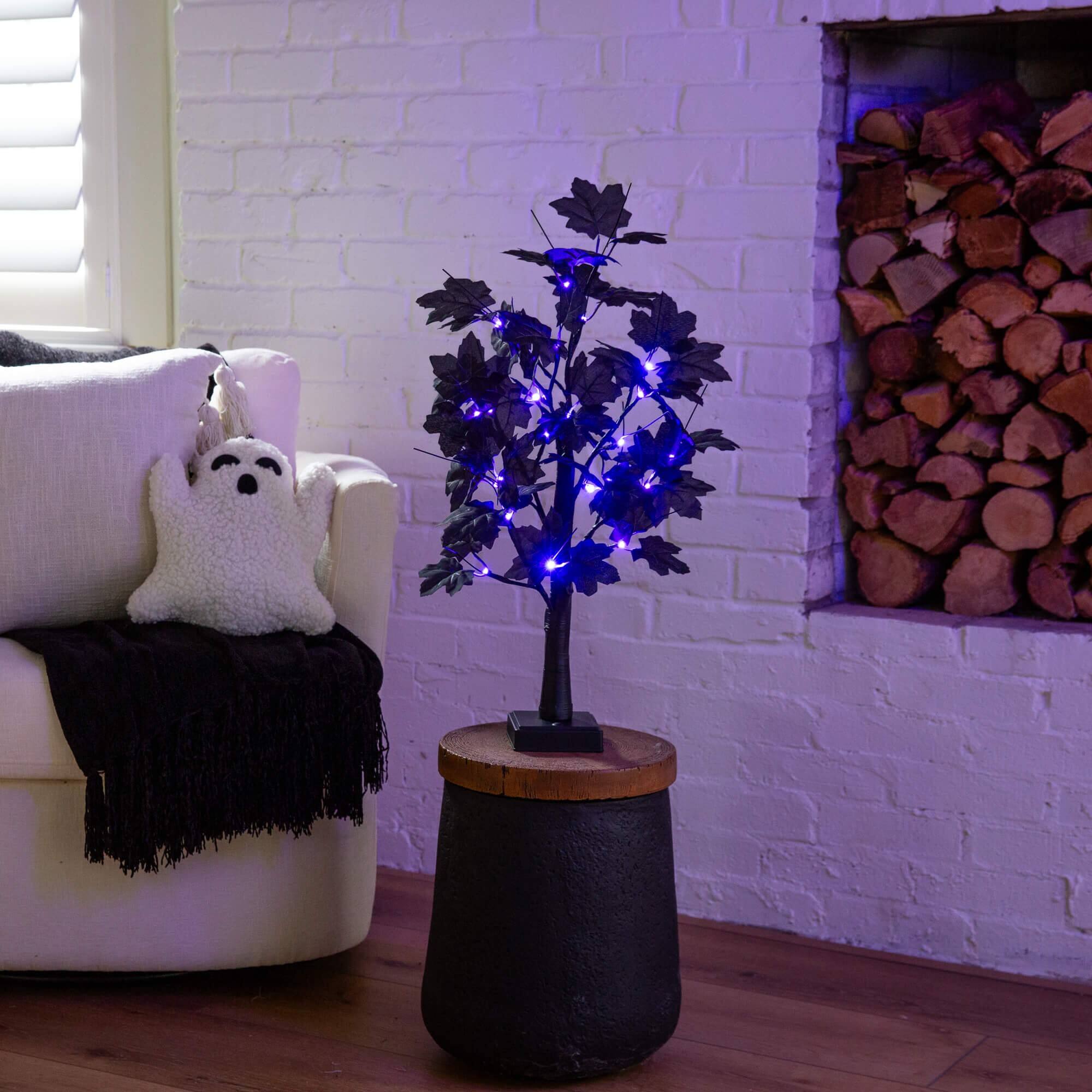 2ft. Pre-Lit Artificial Halloween Black Maple Tree with 24 Orange & Purple LED Lights